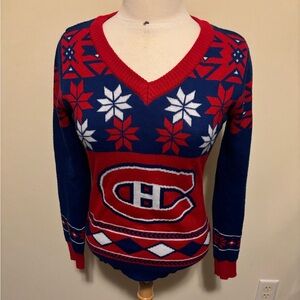 NHL Montreal Canadiens Red and Blue V-Neck Ugly Hockey Sweater Size Small